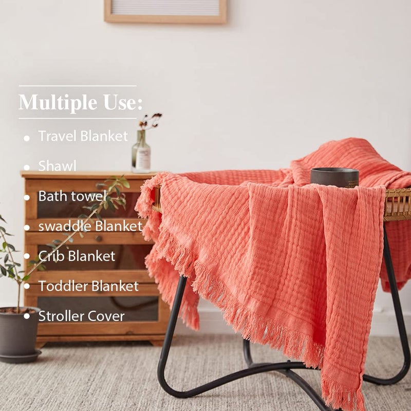Simple&Opulence Cotton Muslin Throw Blanket for Bed, Couch, Knit Woven Gauze Blanket with Tassels, Soft Lightweight Cozy Pre-Washed Breathable Farmhouse Decoration for All-Season (Coral Red) - Image 5